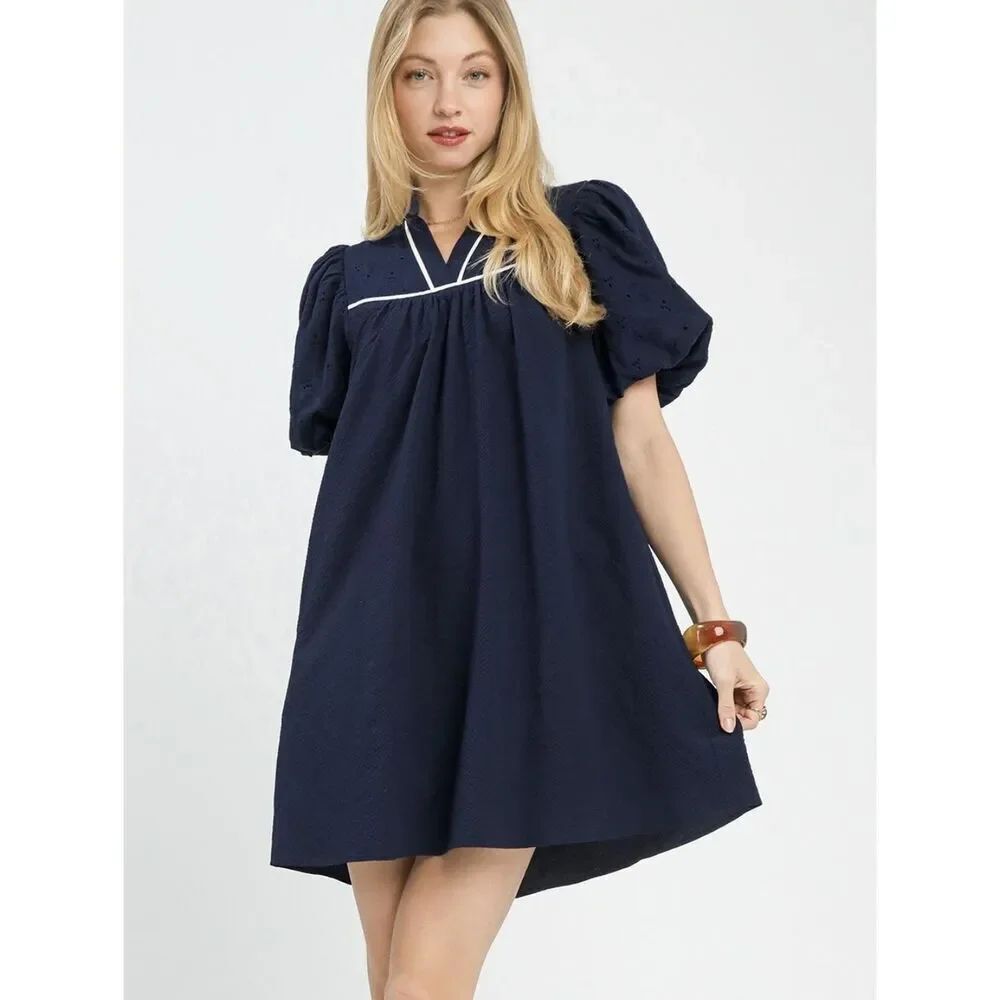 Last Day ◇ Umgee Navy Puff Babydoll Dress White Seam Detail Sz S M L